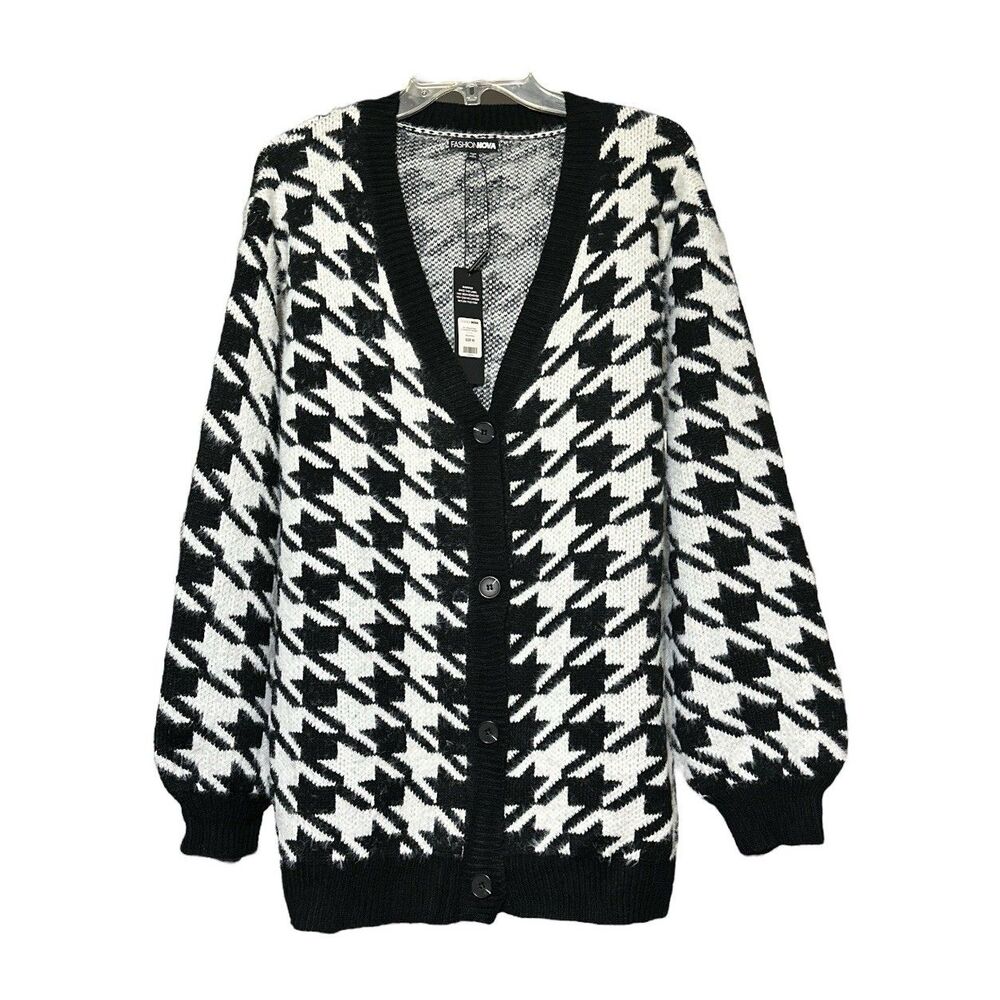 Fashion Nova Womens White Black Houndstooth Cardigan OVERSIZED Medium New